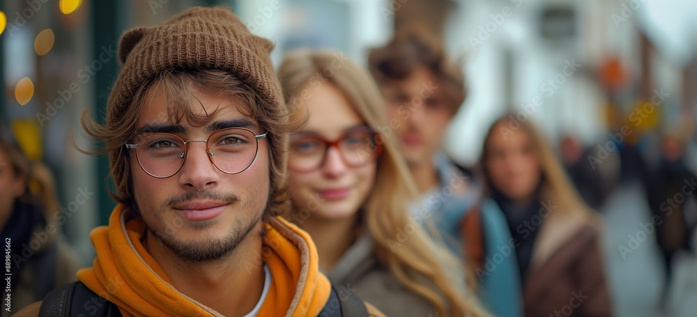 Group of young people stand on the street, looking at the camera with serious faces. Attractive man in his mid-30s wearing a hoodie, behind him two women Group of young people stand on the street, looking at the camera with serious faces. Attractive man in his mid-30s wearing a hoodie, behind him two women