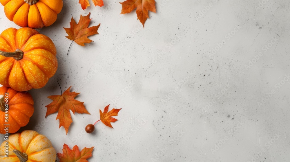 A white background with a row of pumpkins and leaves A white background with a row of pumpkins and leaves