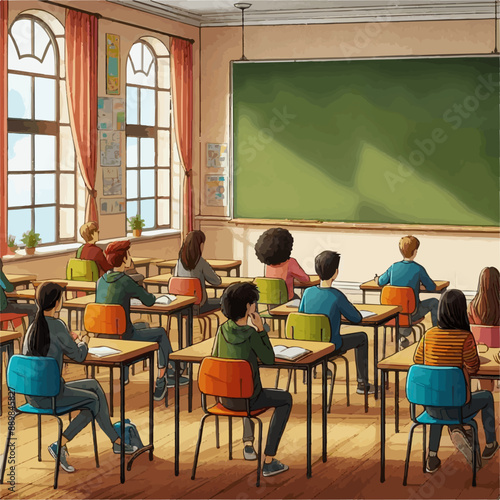 Students listening to their teacher in a classroom during a lecture, back to school