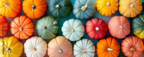 A row of pumpkins of various colors and sizes