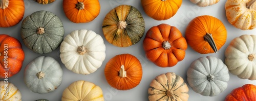 A row of pumpkins of various colors and sizes