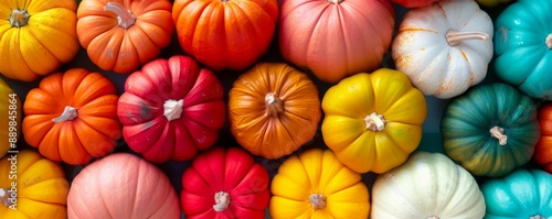 A row of pumpkins of various colors, including orange, yellow, and white