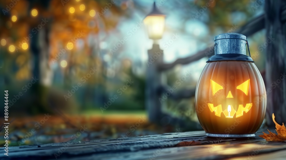 A pumpkin lantern with a scary face is lit up in a park A pumpkin lantern with a scary face is lit up in a park