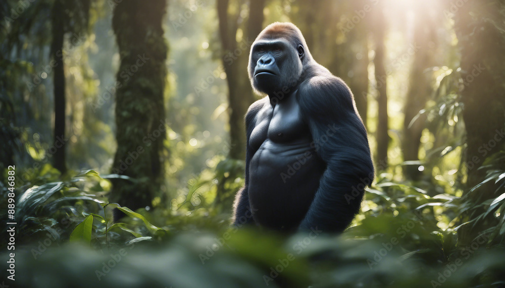 A silverback gorilla standing in a lush rainforest clearing, sunlight streaming through the canopy
A silverback gorilla standing in a lush rainforest clearing, sunlight streaming through the canopy