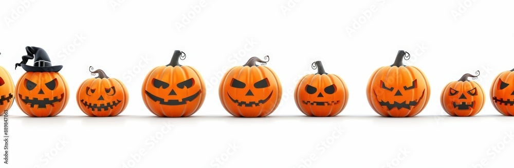 A row of pumpkins with faces drawn on them, including one with a black hat A row of pumpkins with faces drawn on them, including one with a black hat