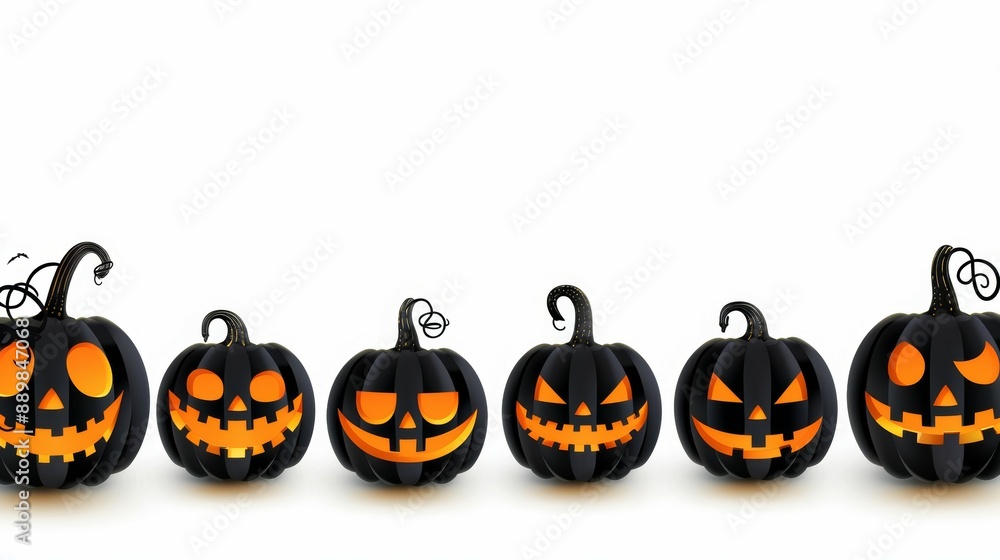A row of black pumpkins with orange faces A row of black pumpkins with orange faces