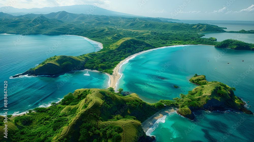 Obraz premium Stunning aerial view of a lush tropical coastline with turquoise waters and sandy beaches, perfect for travel concepts or summer marketing. Plenty of copy space.