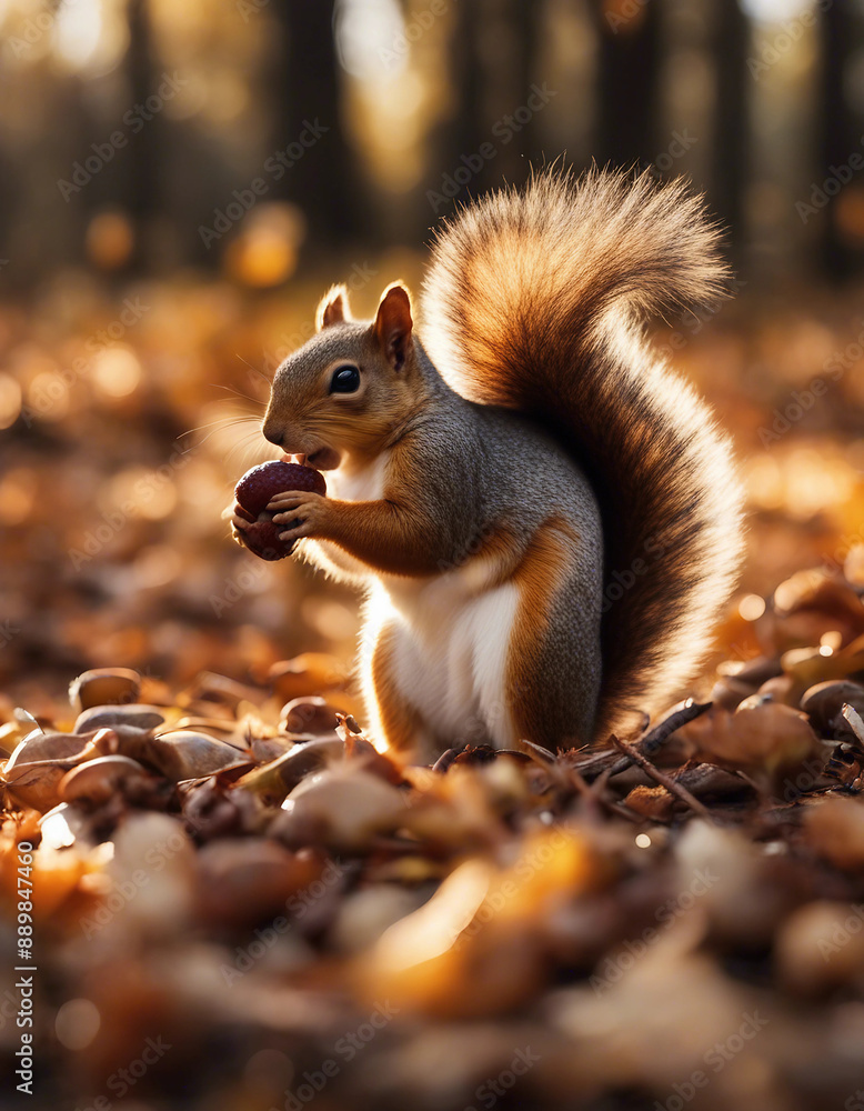 Obraz premium A squirrel gathering acorns in an autumn forest, golden hour 