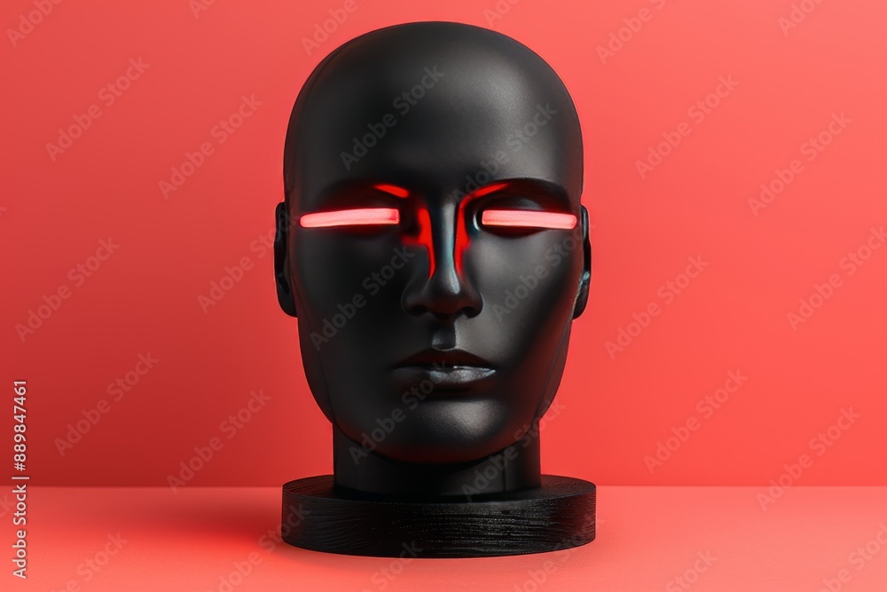 Minimalist black mannequin with neon red eyes exuding an aura of mystery and modern design Minimalist black mannequin with neon red eyes exuding an aura of mystery and modern design