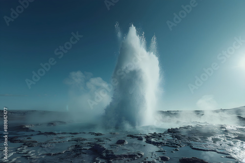 Spectacular Eruption of a Geyser in a Breathtaking Geothermal Landscape Under a Clear Blue Sky