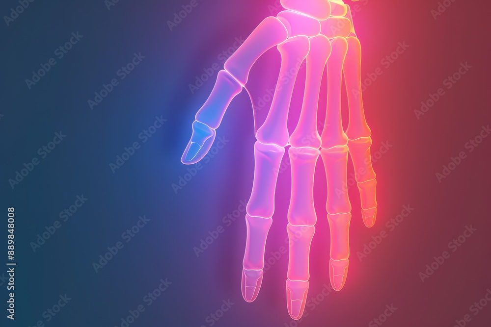 Colorful neon x-ray of a human hand on a dark background, showcasing bones and joints in vibrant pink and blue light. Colorful neon x-ray of a human hand on a dark background, showcasing bones and joints in vibrant pink and blue light.