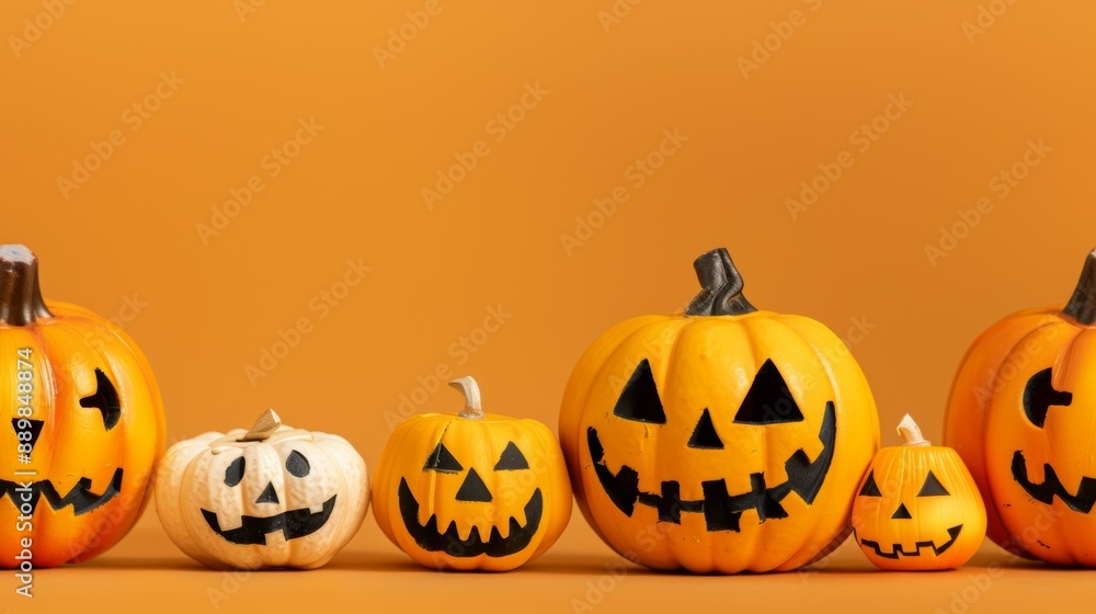 A row of pumpkins with faces drawn on them, some of which are smiling A row of pumpkins with faces drawn on them, some of which are smiling