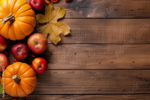 A wooden table with a variety of fruits and vegetables, including apples