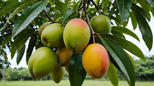 Close-up of ripe mangoes hanging from a branch, surrounded by lush green leaves.