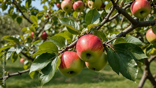 Close-up shot of red apples on a tree branch, surrounded by green leaves.