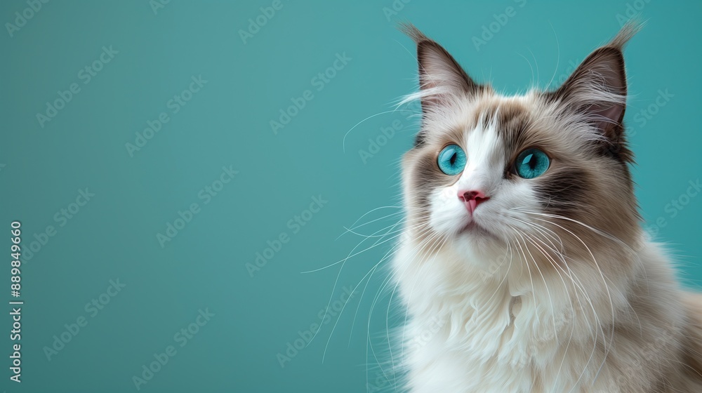 Ragdoll cat with striking blue eyes against a teal background, studio portrait, space for copy text Ragdoll cat with striking blue eyes against a teal background, studio portrait, space for copy text