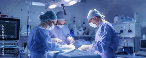 A surgeon and assistant in the operating room, both concentrating on the surgical tools selective focus, teamwork theme, ethereal, fusion, OR environment, copy space for text,