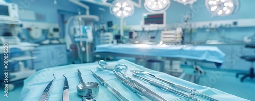 The operating room filled with surgical tools, a scene of high concentration copy space, meticulous theme, dynamic, blend mode, hospital backdrop, copy space for text,