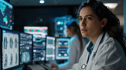 Female doctor Critical Care Specialist monitoring a patient in a meeting