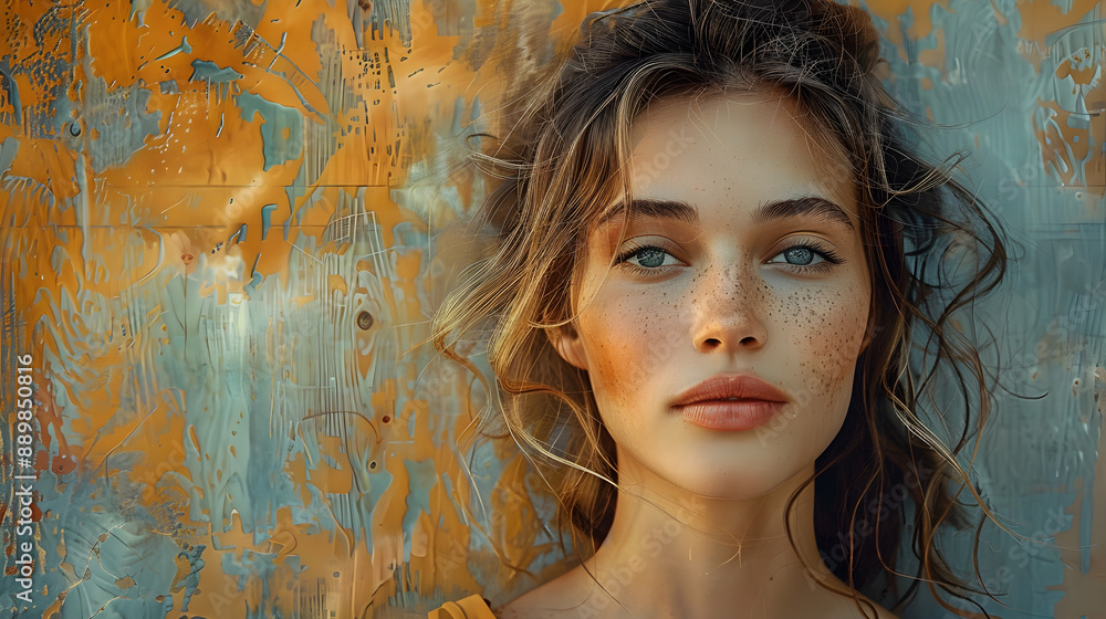 Portrait of a serene woman with tousled hair and freckles against a rustic, textured backdrop. Ideal for beauty, lifestyle, and fashion content. Copy space available. Portrait of a serene woman with tousled hair and freckles against a rustic, textured backdrop. Ideal for beauty, lifestyle, and fashion content. Copy space available.