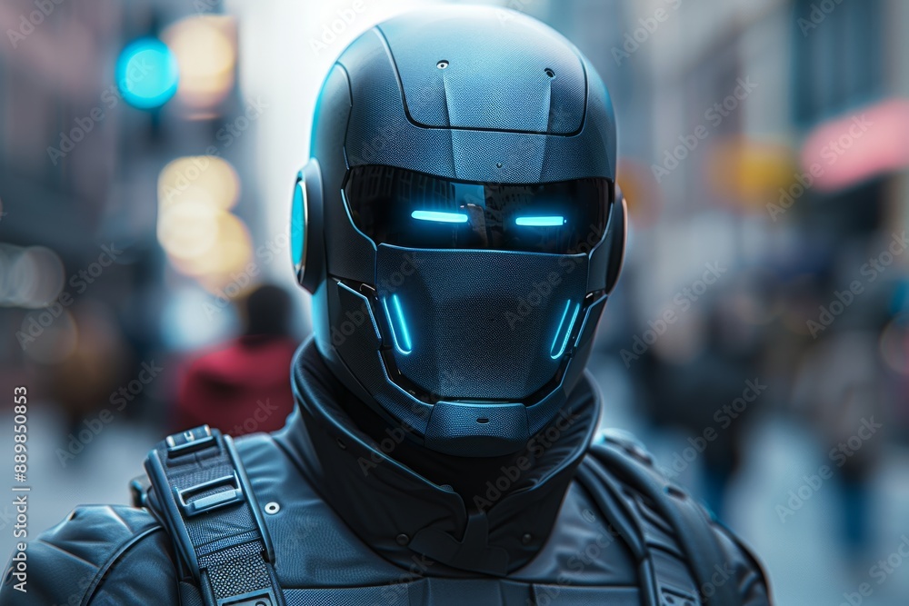 Futuristic armored character with glowing blue eyes representing advanced technology and protective gear in a bustling urban environment Futuristic armored character with glowing blue eyes representing advanced technology and protective gear in a bustling urban environment
