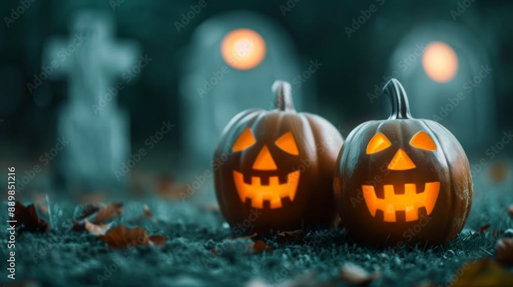 Two pumpkins with glowing eyes are placed on a grassy field near a cemetery Two pumpkins with glowing eyes are placed on a grassy field near a cemetery