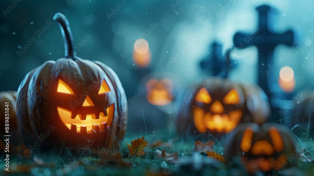 Fototapeta premium A graveyard with a cross and several pumpkins with their lights on