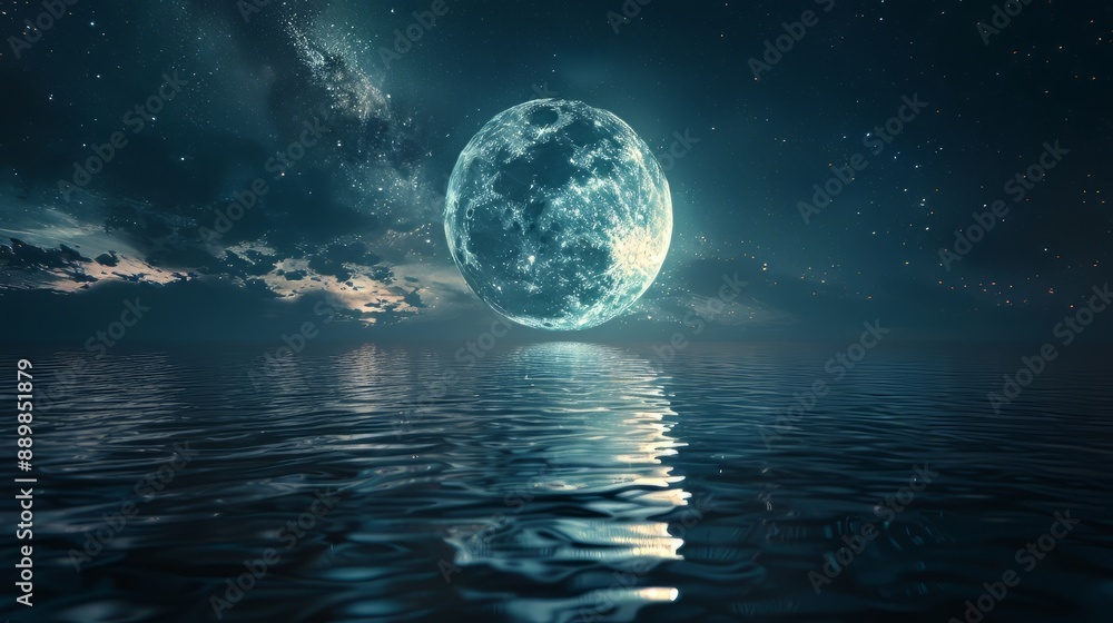 Two moons in the sky, milky way, reflection on water surface, fantasy landscape, minimalist design, space for text, wide angle lens, hyper realistic Two moons in the sky, milky way, reflection on water surface, fantasy landscape, minimalist design, space for text, wide angle lens, hyper realistic