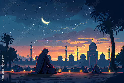 Scenic illustration of Muslims praying under a starlit sky near a mosque, perfect for religious blogs, cultural content, or holiday marketing with copy space. photo