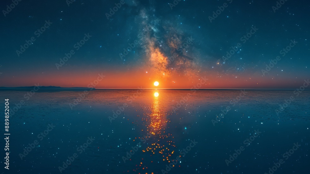 Two moons in the sky, milky way, reflection on water surface, fantasy landscape, minimalist design, space for text, wide angle lens, hyper realistic
