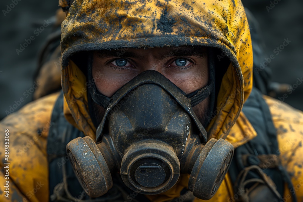 Soviet scientist in pale yellow and dirty radiation suit, taking a break from hard field work, dirty face, exhausted, hopeless face expression, sitting in 1970’s soviet-inspired abandoned laboratory Soviet scientist in pale yellow and dirty radiation suit, taking a break from hard field work, dirty face, exhausted, hopeless face expression, sitting in 1970’s soviet-inspired abandoned laboratory