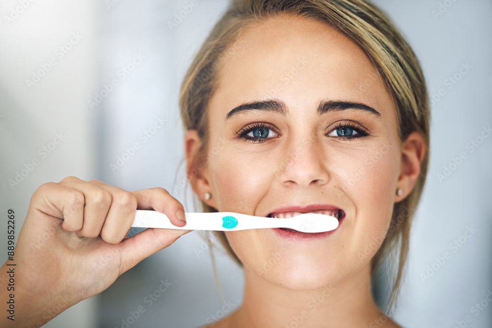 Dental care, brushing teeth and portrait of woman in home for fresh breath, hygiene and grooming routine. Smile, oral health and person with mouth treatment for plaque removal or cavity prevention. Dental care, brushing teeth and portrait of woman in home for fresh breath, hygiene and grooming routine. Smile, oral health and person with mouth treatment for plaque removal or cavity prevention.