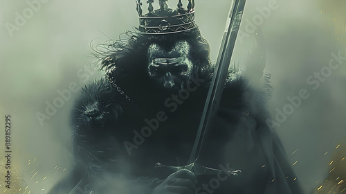 Majestic king with a crown, holding a sword, shrouded in fog, emanating power and mystery. Perfect for historical, fantasy themes, and branding.