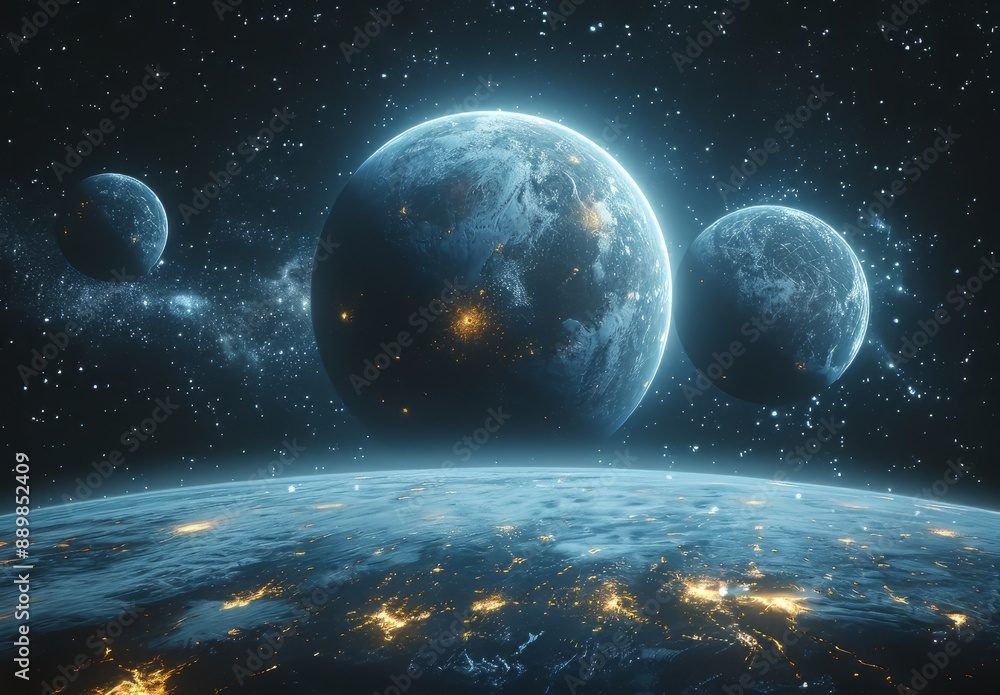 A dark space background with three planets and stars, blue glow on the planet, planet in foreground, with a small ring around it, a large black hole at its center, a huge rings of different sizes arou A dark space background with three planets and stars, blue glow on the planet, planet in foreground, with a small ring around it, a large black hole at its center, a huge rings of different sizes arou