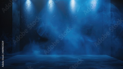 Dark blue abstract cement wall in studio with smoke for product display neon and laser lights spotlighting