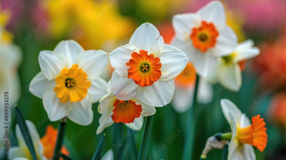 Fototapeta premium Daffodil flowers in orange white and yellow colors bloom