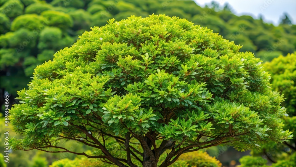 Fototapeta premium Diverse foliage of the evergreen broadleaf tree, Donn (Quercus acutissima), native to Gyeongsangnam-do