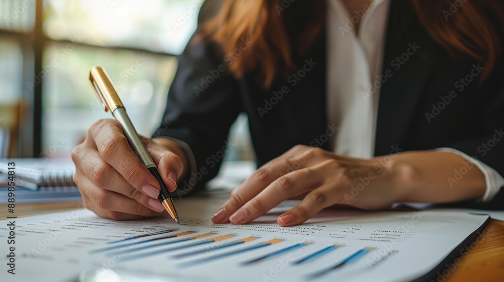 Close-up of businesswoman hands working on company finances, earnings and budget. Accountant with a pen calculating monthly expenses, papers, loan documents and invoices Close-up of businesswoman hands working on company finances, earnings and budget. Accountant with a pen calculating monthly expenses, papers, loan documents and invoices