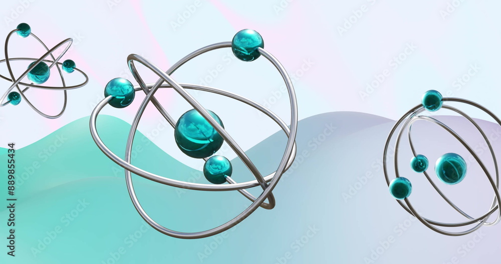 Image of atoms moving over waving multi coloured background Image of atoms moving over waving multi coloured background