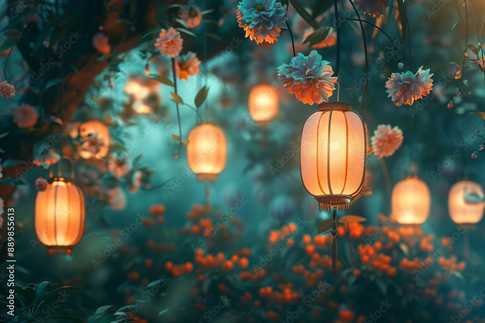 Japanese lanterns on Asian garden with blossom trees. Chinese New Year. Tanabata or Qixi Festival. Chinese Valentine’s day. Travel and tourism concept. Background for greeting card, banner, poster Japanese lanterns on Asian garden with blossom trees. Chinese New Year. Tanabata or Qixi Festival. Chinese Valentine’s day. Travel and tourism concept. Background for greeting card, banner, poster