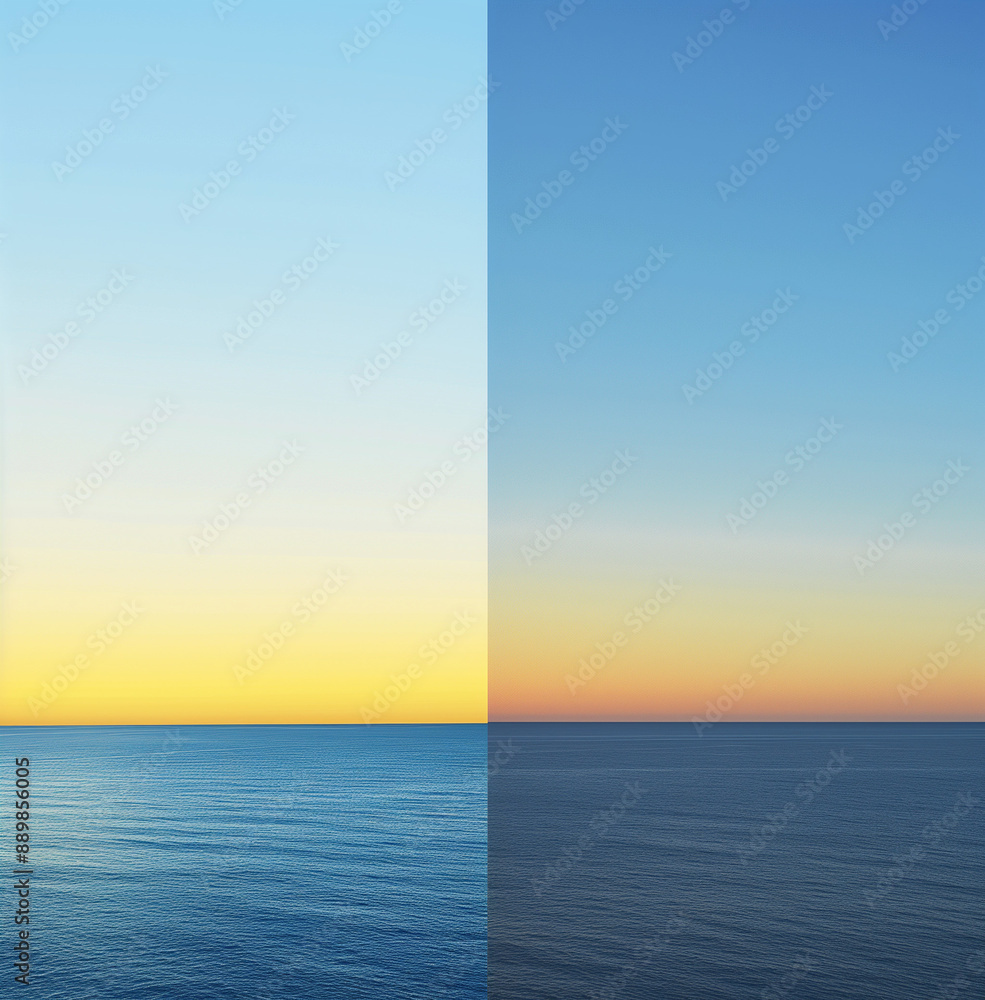 Fototapeta premium Minimalist ocean horizon at sunset and sunrise, split view 