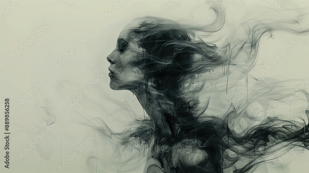 Fototapeta premium Dreamlike Abstract Portrait of a Woman with Swirling Black Inks and Smoky Elements in a Subdued Monochromatic Digital Artwork