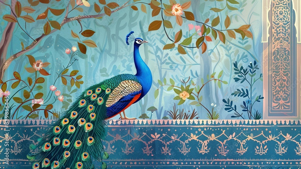 Peacock and Palace in a Traditional Mughal Forest Garden: Illustration for Wallpaper