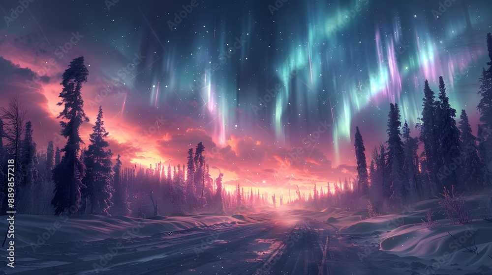 Fototapeta premium Aurora borealis over pine forest along the road