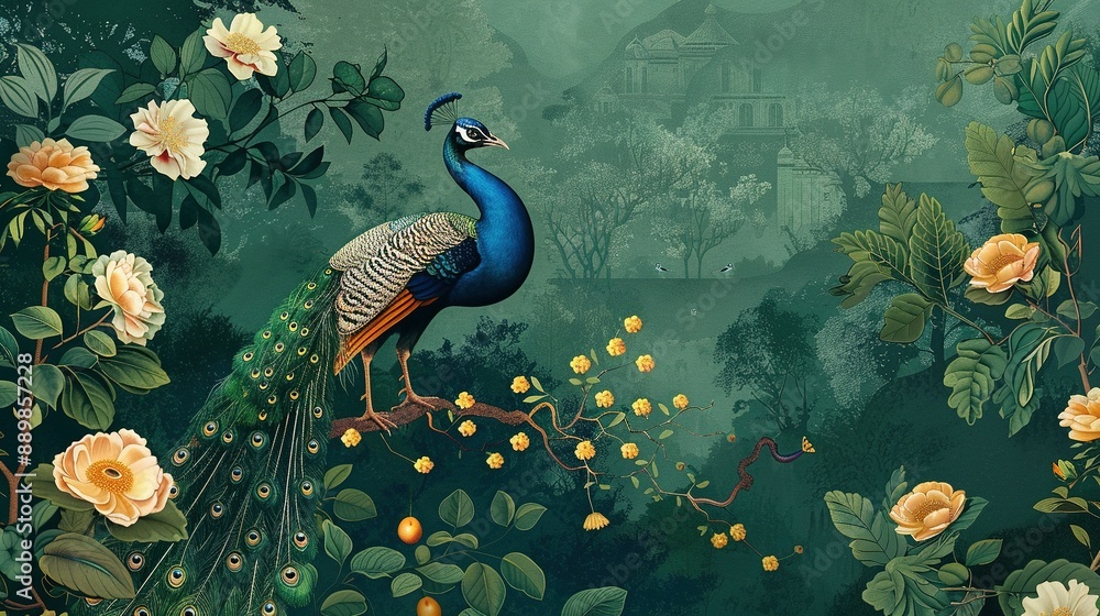 Peacock and Palace in a Traditional Mughal Forest Garden: Wallpaper Illustration