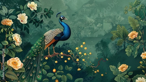 Obraz na płótnie Peacock and Palace in a Traditional Mughal Forest Garden: Wallpaper Illustration w salonie