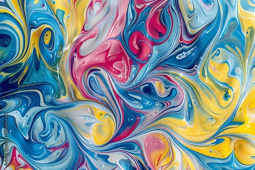 Intricate patterns formed by colorful swirls of liquid paint, featuring shades of blue, yellow, pink, and red on an abstract background.