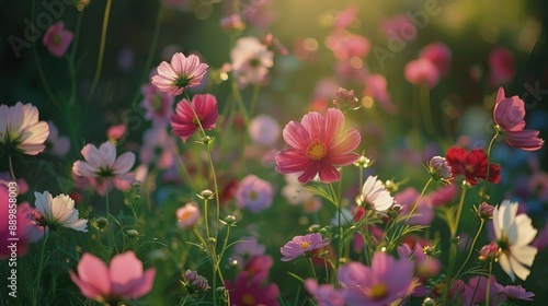 Garden of pink red and white cosmos flowers photo