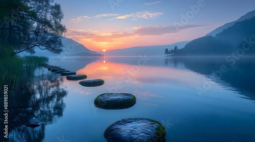 Serene evening lake with still waters reflection