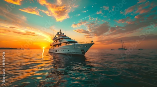 Fototapeta Naklejka Na Ścianę i Meble -  Family travel adventures on luxury yacht at sunset